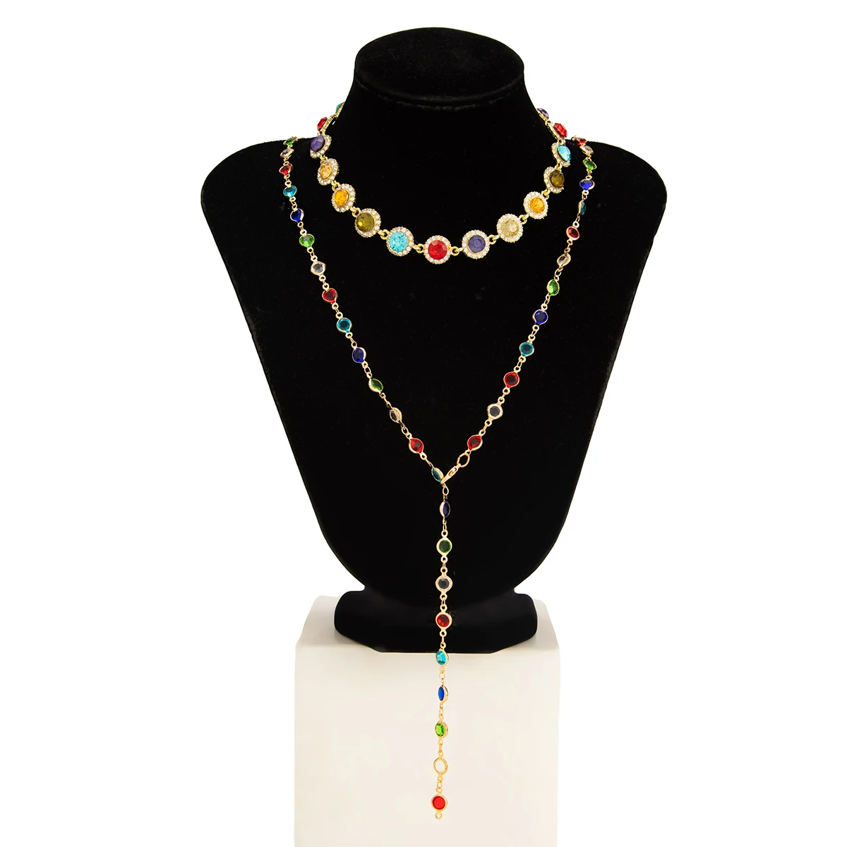 Salircon 2Pcs/set Bohemian Colourful Crystal Chain Necklace for Women Trendy Shiny Rhinestone Clavicle Chain Y2K Jewelry Gifts