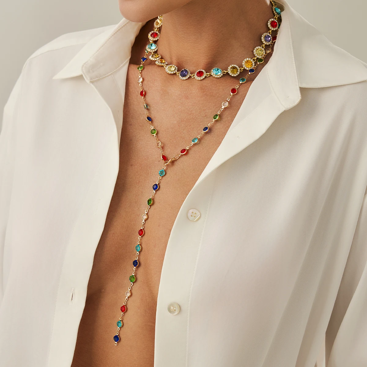 Salircon 2Pcs/set Bohemian Colourful Crystal Chain Necklace for Women Trendy Shiny Rhinestone Clavicle Chain Y2K Jewelry Gifts