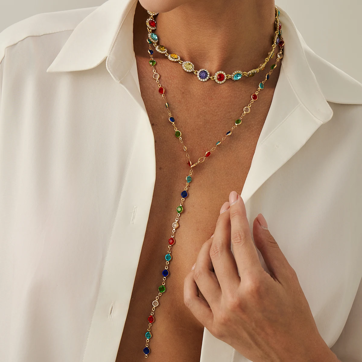 Salircon 2Pcs/set Bohemian Colourful Crystal Chain Necklace for Women Trendy Shiny Rhinestone Clavicle Chain Y2K Jewelry Gifts