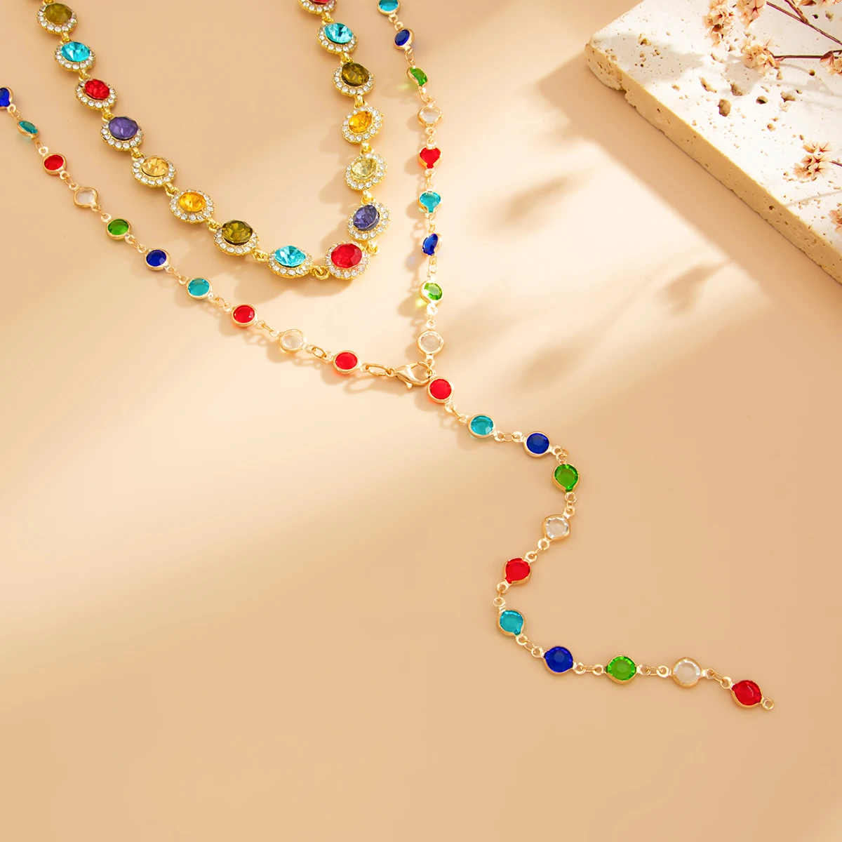 Salircon 2Pcs/set Bohemian Colourful Crystal Chain Necklace for Women Trendy Shiny Rhinestone Clavicle Chain Y2K Jewelry Gifts