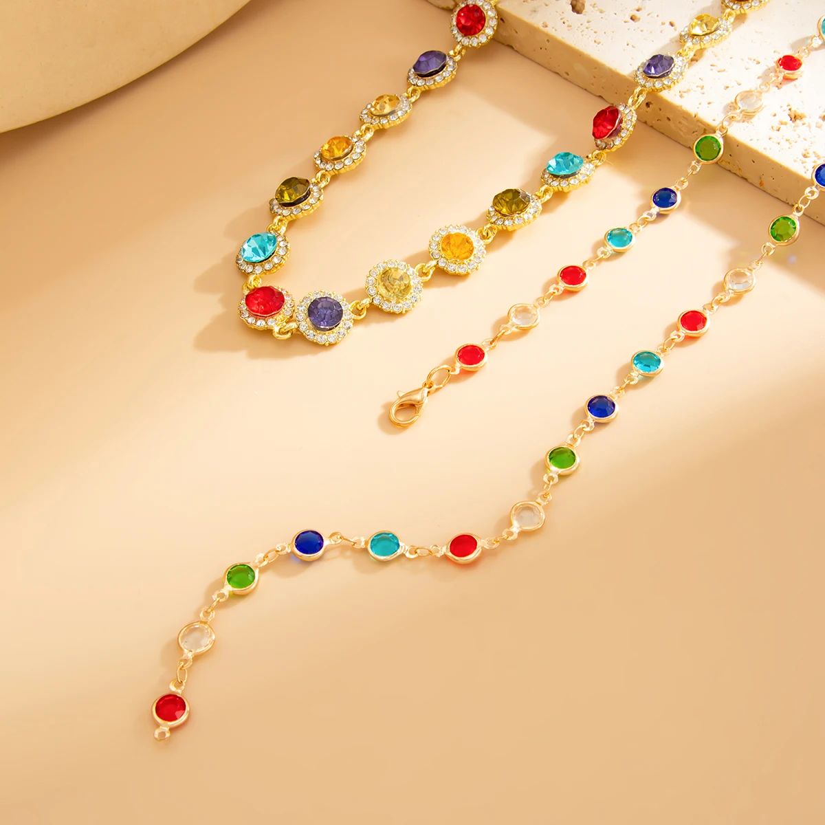 Salircon 2Pcs/set Bohemian Colourful Crystal Chain Necklace for Women Trendy Shiny Rhinestone Clavicle Chain Y2K Jewelry Gifts