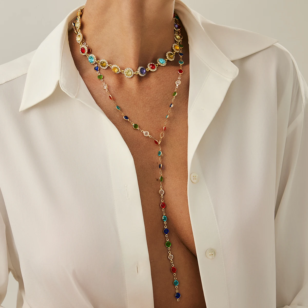 Salircon 2Pcs/set Bohemian Colourful Crystal Chain Necklace for Women Trendy Shiny Rhinestone Clavicle Chain Y2K Jewelry Gifts