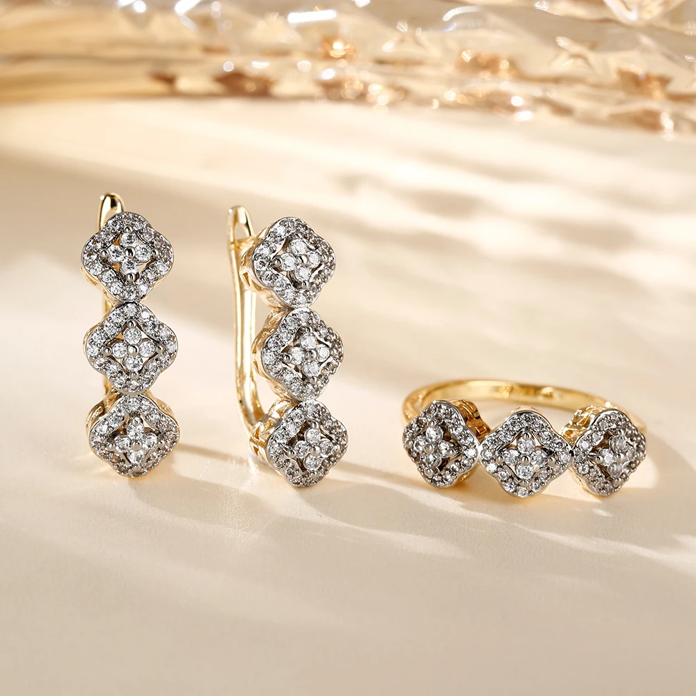 Leaf-shaped inlaid zircon earrings ring three-piece set copper plated 14K gold fashion luxury jewelry party set accessories