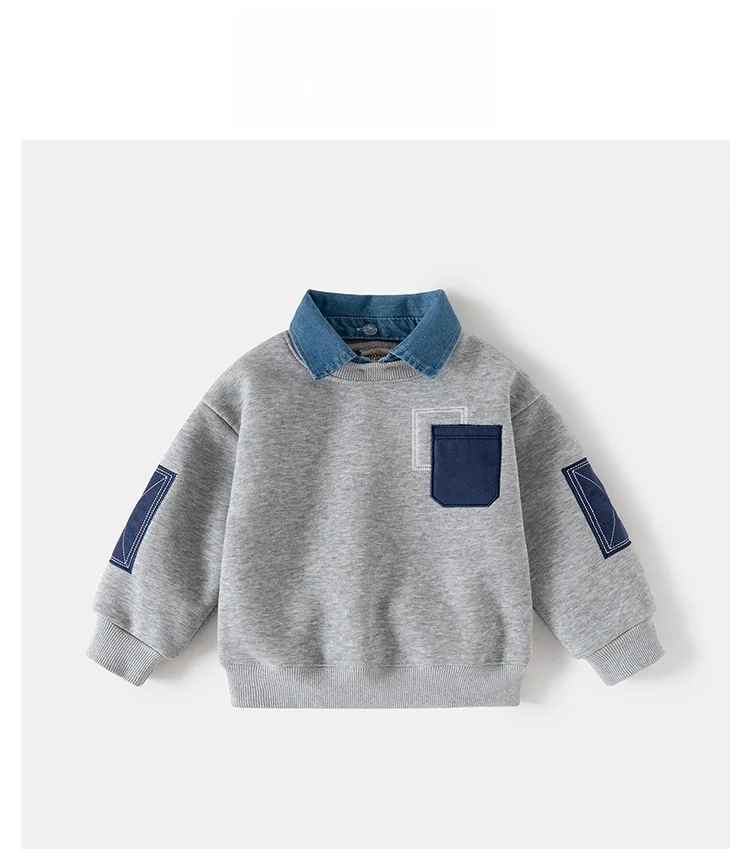 1-8Y Autumn Winter Boys Sweatshirt Fleece Lined Kid's Fake Two-Piece Child's Clothing Korean Style Cotton Kids Pullover Top