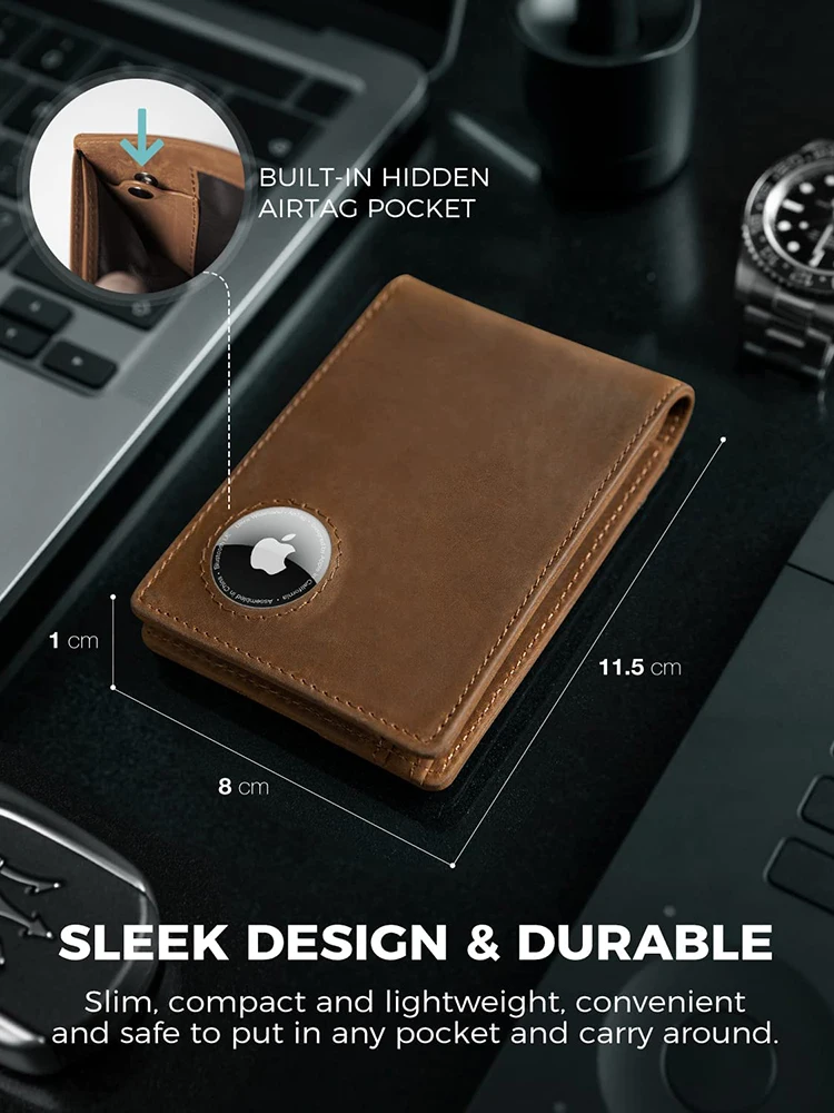 Retro Minimalist Men's AirTag Wallet RFID Blocking Wallet Multi Card Holder for Apple AirTag High Quality Genuine Leather Purse