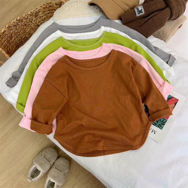 1pcs Spring Autumn Children's Pure Cotton Long Sleeve T-shirts Solid Color Boys Girls Tops Kids Baby Leisure Tee Student Clothes