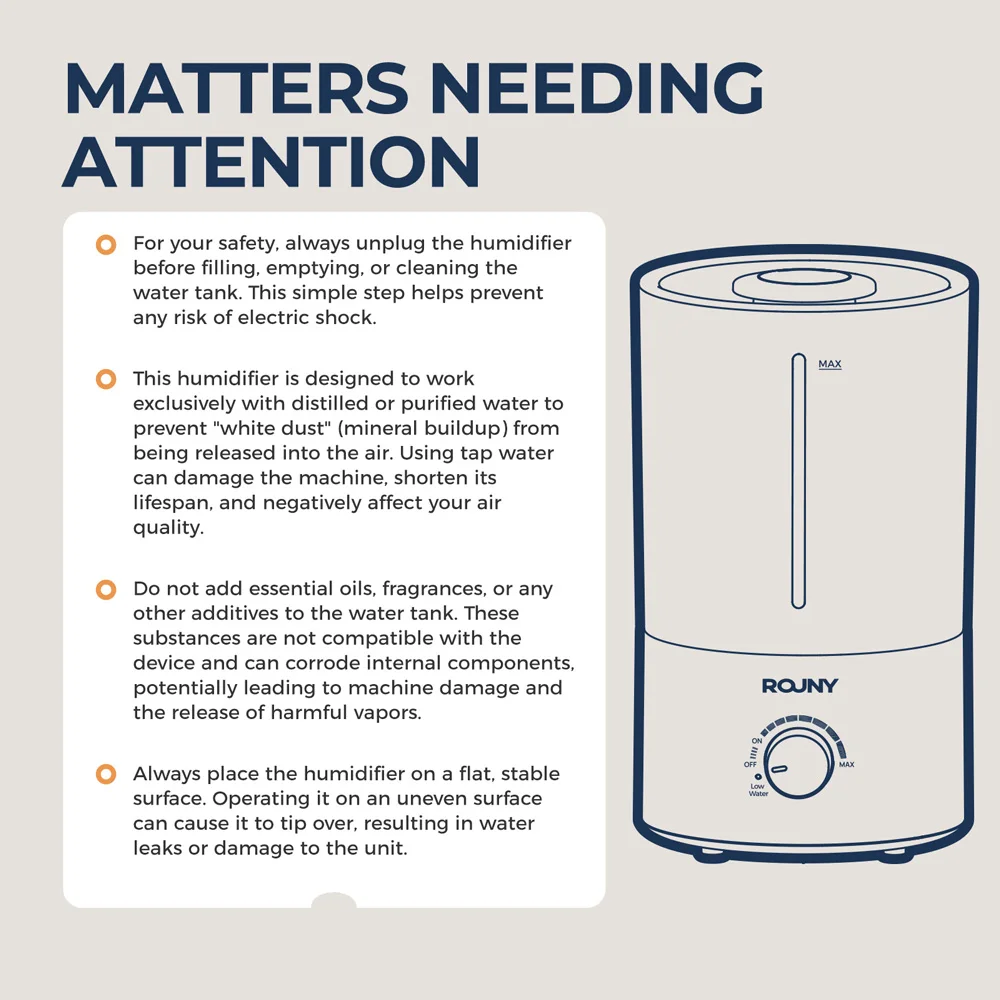 ROUNY Air Humidifier, 4L Large Capacity Ultrasonic Humidifier with Low Water Protection, 360° & Quiet & BPA-Free, White