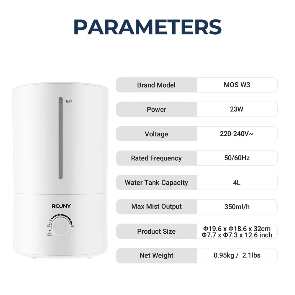 ROUNY Air Humidifier, 4L Large Capacity Ultrasonic Humidifier with Low Water Protection, 360° & Quiet & BPA-Free, White