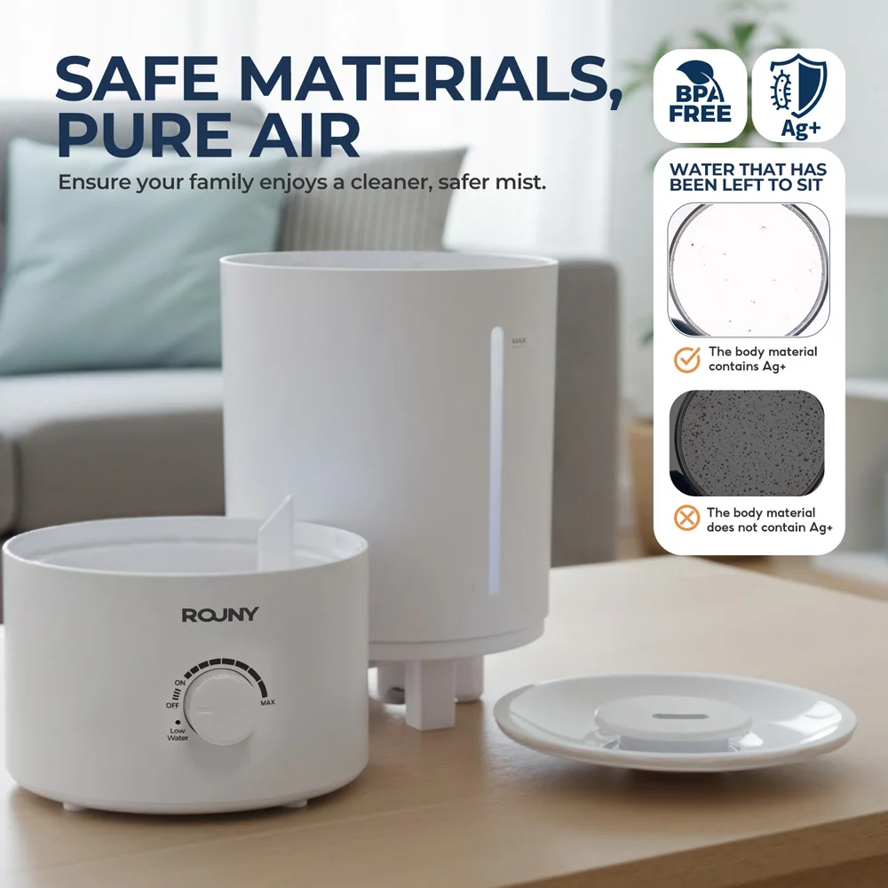 ROUNY Air Humidifier, 4L Large Capacity Ultrasonic Humidifier with Low Water Protection, 360° & Quiet & BPA-Free, White