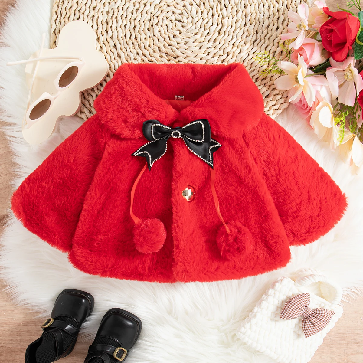 Baby Girl Clothing Winter Shearling-Lined Warm Collar Girl's Shawl Coat Adorable Bow Baby Coat Baby Girl Clothing