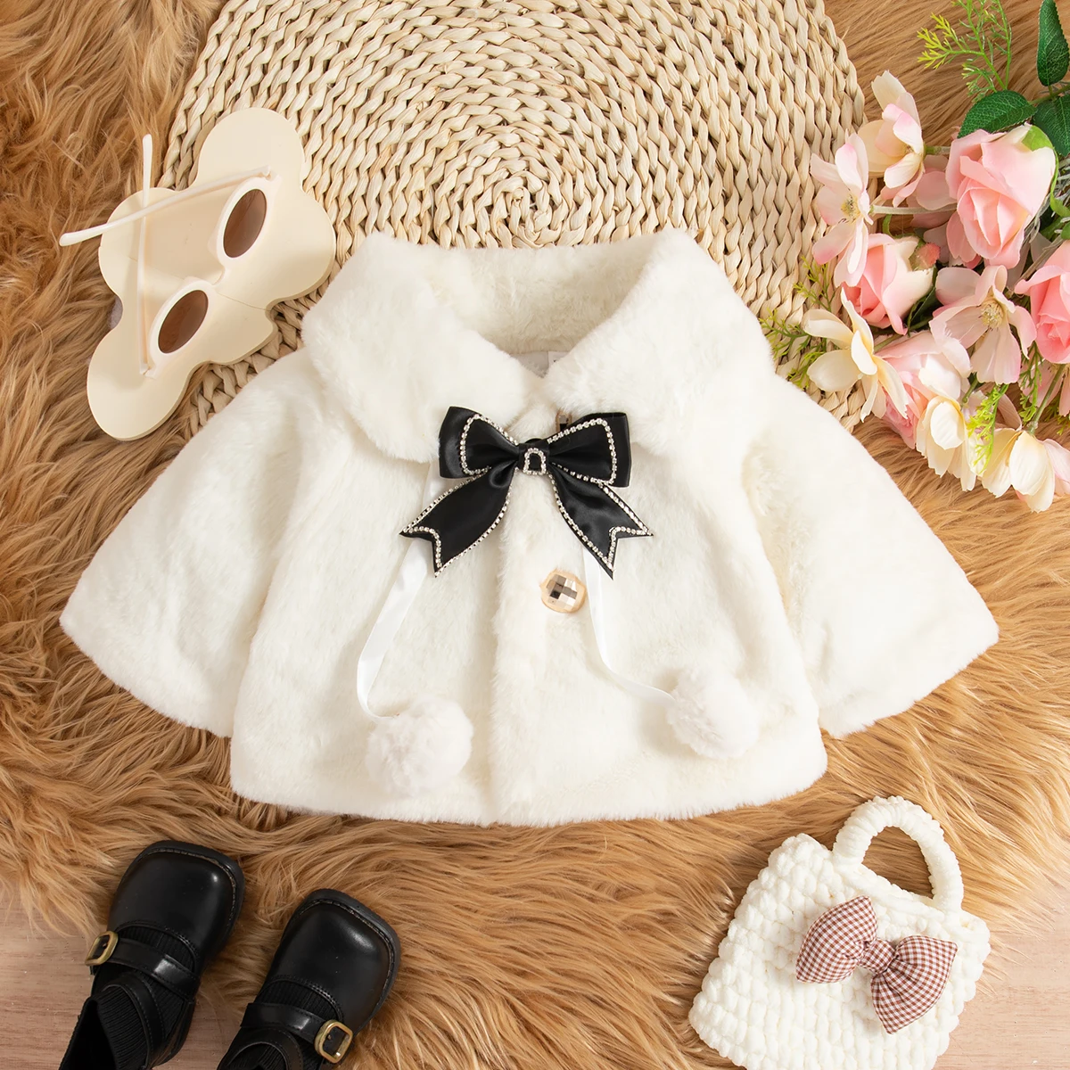 Baby Girl Clothing Winter Shearling-Lined Warm Collar Girl's Shawl Coat Adorable Bow Baby Coat Baby Girl Clothing