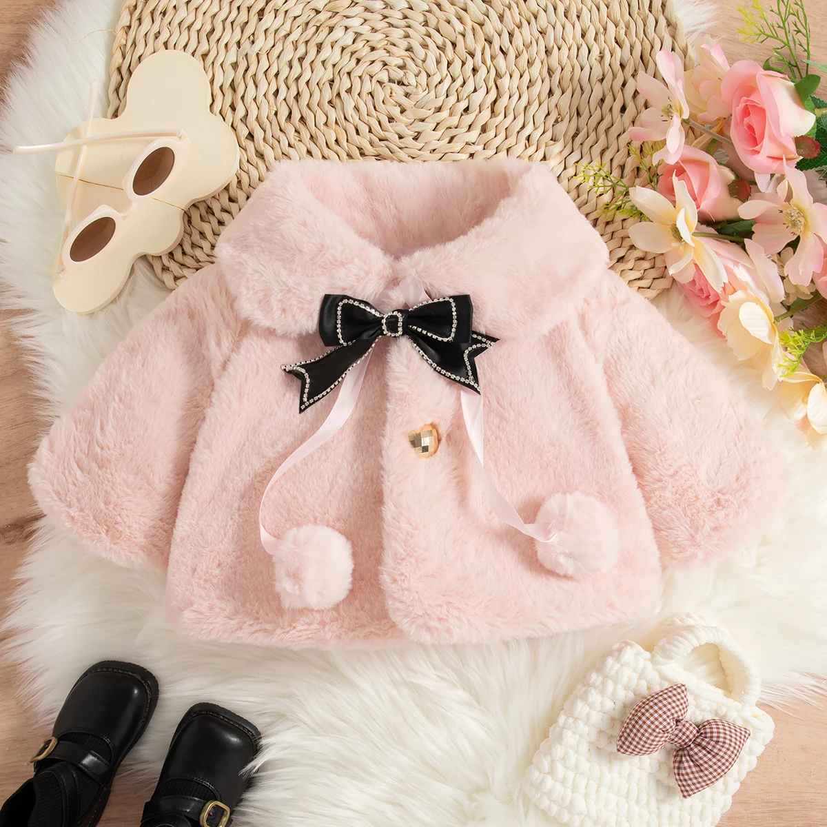 Baby Girl Clothing Winter Shearling-Lined Warm Collar Girl's Shawl Coat Adorable Bow Baby Coat Baby Girl Clothing