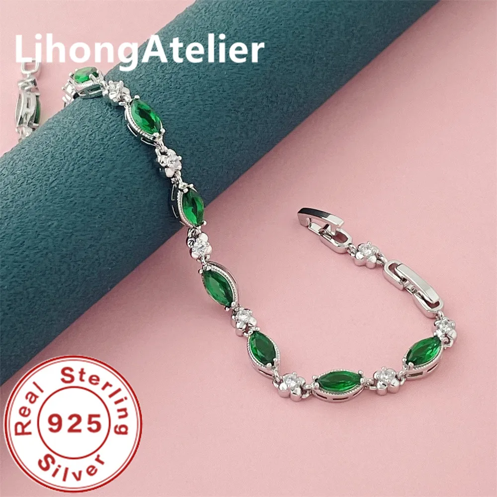 925 Sterling Silver Bracelet Zircon Green Shiny Bracelet Women Party Wedding Jewelry Gift