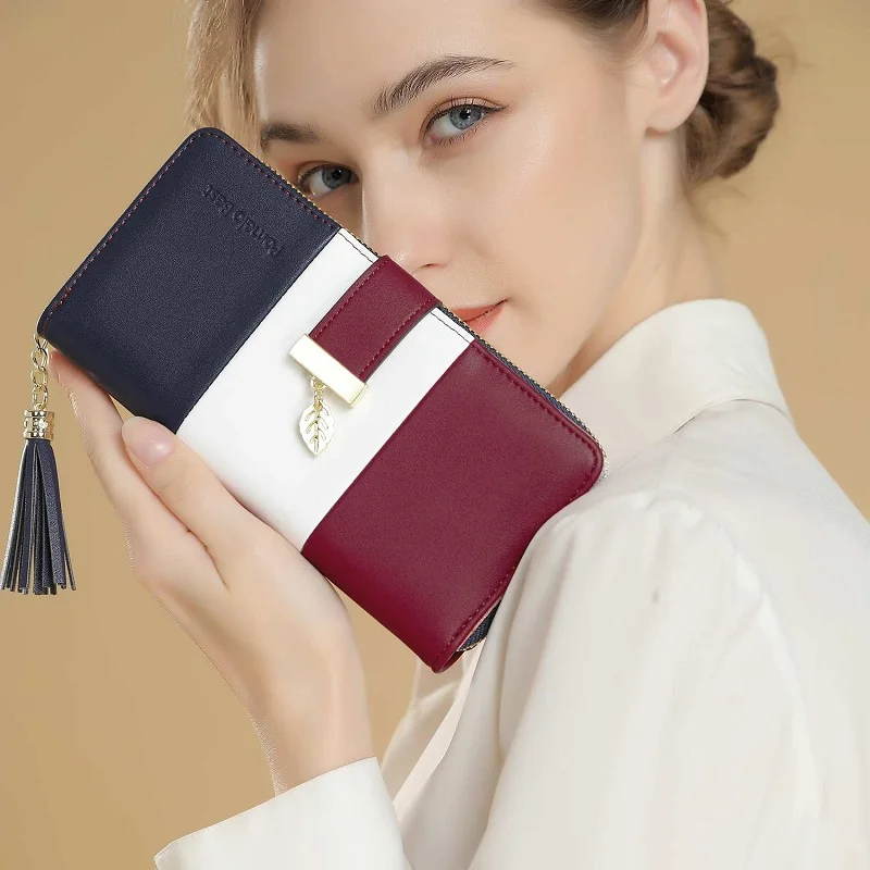 Pomelo Best Tri‑Color Women's Wallet PU Leather Long Zipper RFID Blocking Large Capacity 9 Card Slots Tassel Pendant Fits Phone