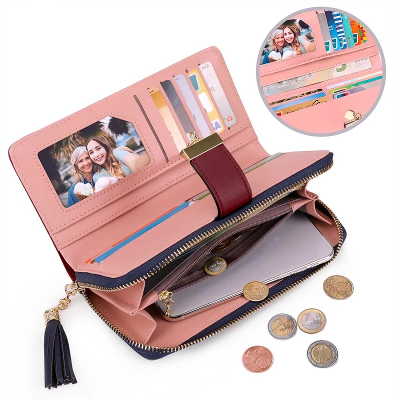 Pomelo Best Tri‑Color Women's Wallet PU Leather Long Zipper RFID Blocking Large Capacity 9 Card Slots Tassel Pendant Fits Phone