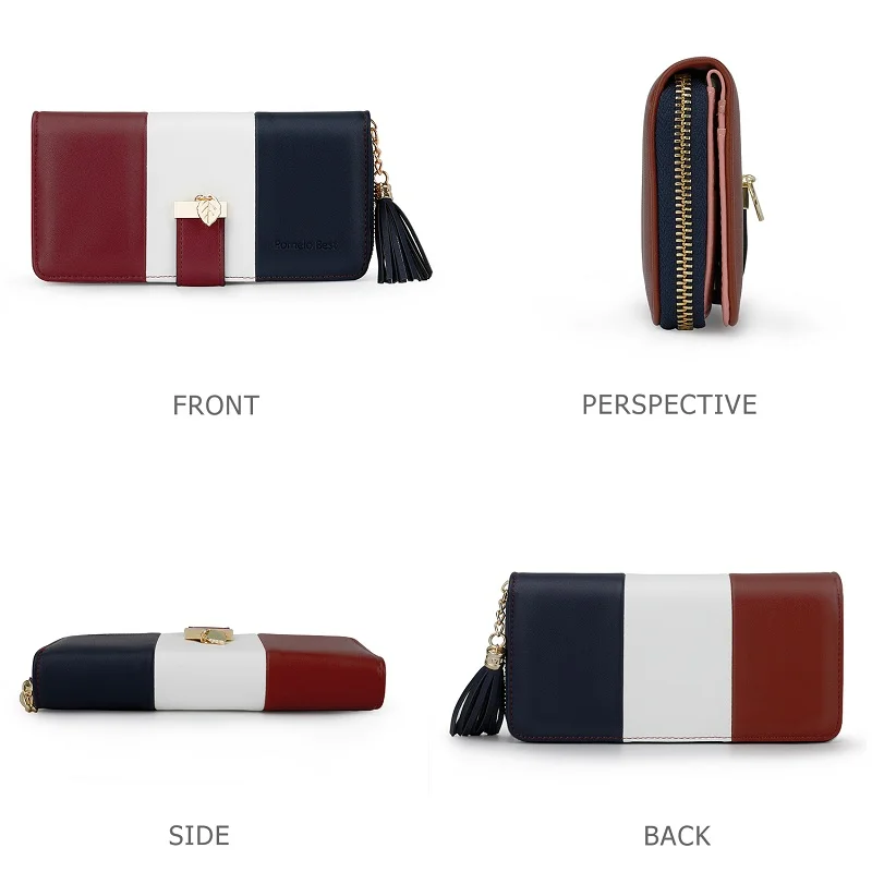 Pomelo Best Tri‑Color Women's Wallet PU Leather Long Zipper RFID Blocking Large Capacity 9 Card Slots Tassel Pendant Fits Phone