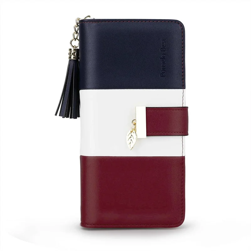 Pomelo Best Tri‑Color Women's Wallet PU Leather Long Zipper RFID Blocking Large Capacity 9 Card Slots Tassel Pendant Fits Phone