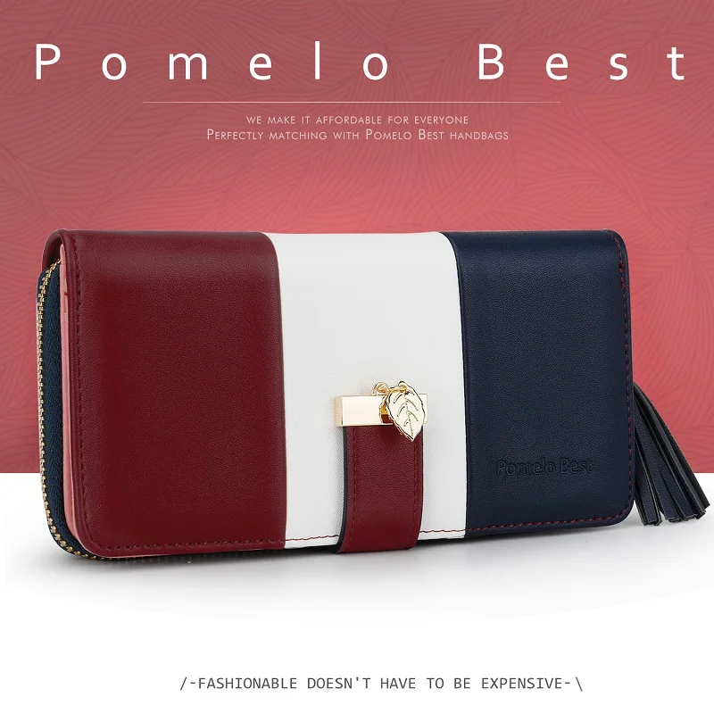Pomelo Best Tri‑Color Women's Wallet PU Leather Long Zipper RFID Blocking Large Capacity 9 Card Slots Tassel Pendant Fits Phone