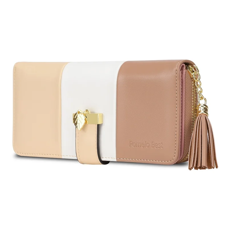 Pomelo Best Tri‑Color Women's Wallet PU Leather Long Zipper RFID Blocking Large Capacity 9 Card Slots Tassel Pendant Fits Phone