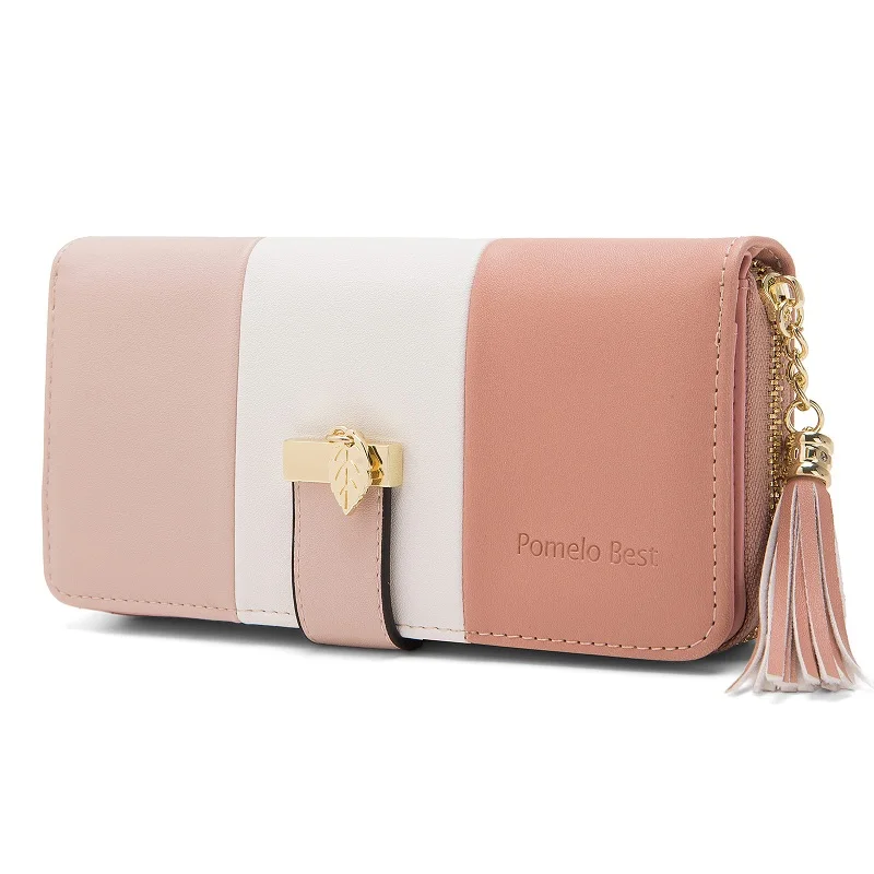 Pomelo Best Tri‑Color Women's Wallet PU Leather Long Zipper RFID Blocking Large Capacity 9 Card Slots Tassel Pendant Fits Phone