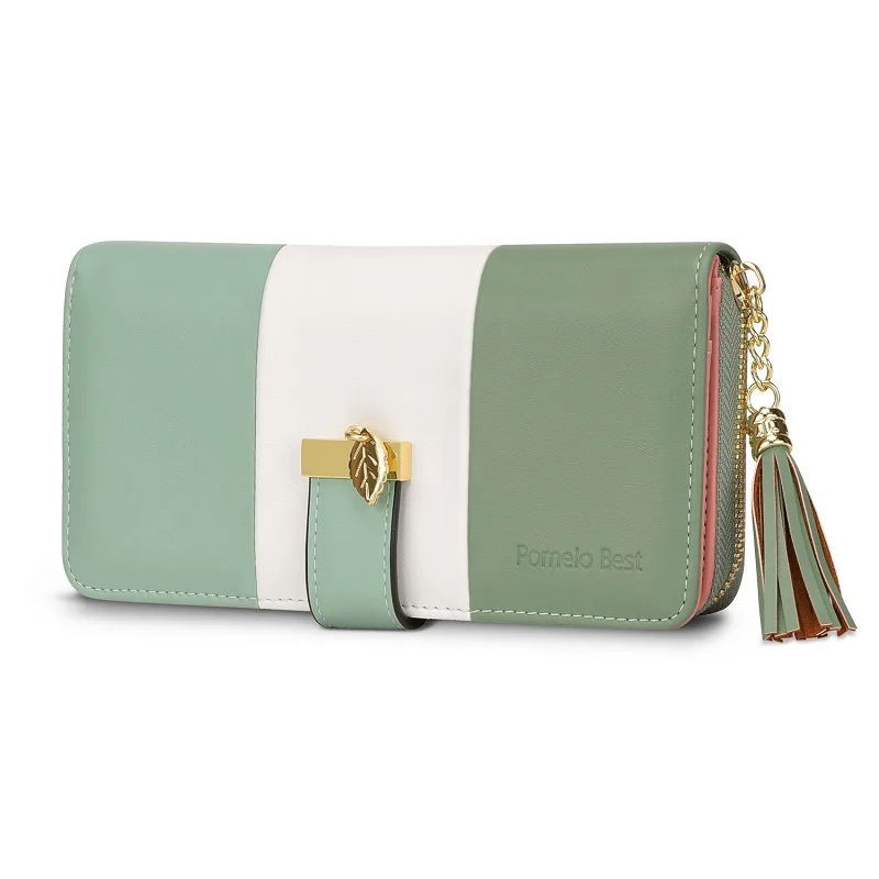 Pomelo Best Tri‑Color Women's Wallet PU Leather Long Zipper RFID Blocking Large Capacity 9 Card Slots Tassel Pendant Fits Phone