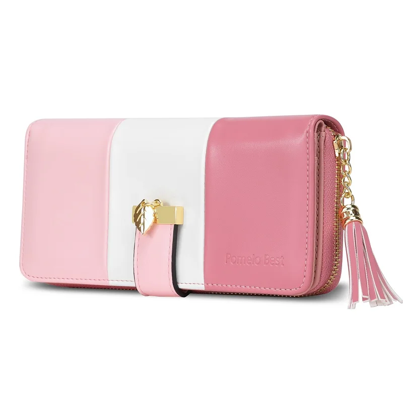 Pomelo Best Tri‑Color Women's Wallet PU Leather Long Zipper RFID Blocking Large Capacity 9 Card Slots Tassel Pendant Fits Phone