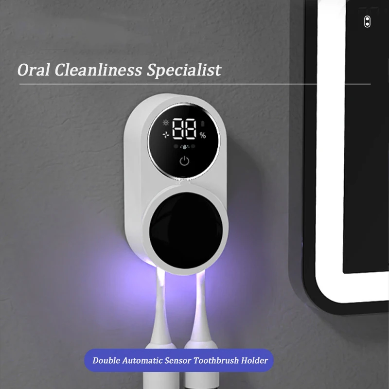 Toothbrush Sterilizer, Wall Mounted Toothbrush Holder, Automatic Sensing Toothbrush Storage Rack, with 2 Brush Slots