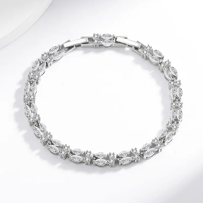 925 Sterling Silver Leaf-shaped Water Drop-shaped Bright Crystal Zircon Bracelet Women's Elegant Light Luxury Jewelry