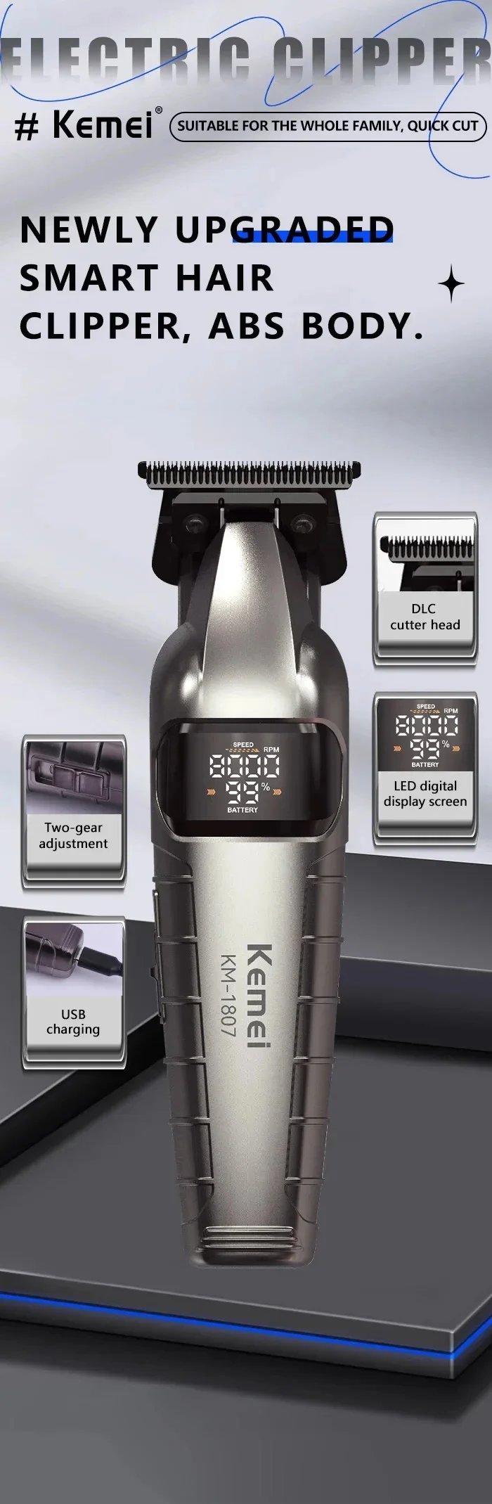 KM-1807 Professional Hair Trimmer by Kome USB Rechargeable Cordless Hair Clippers for Men with LCD Display Hair Cutting Machine
