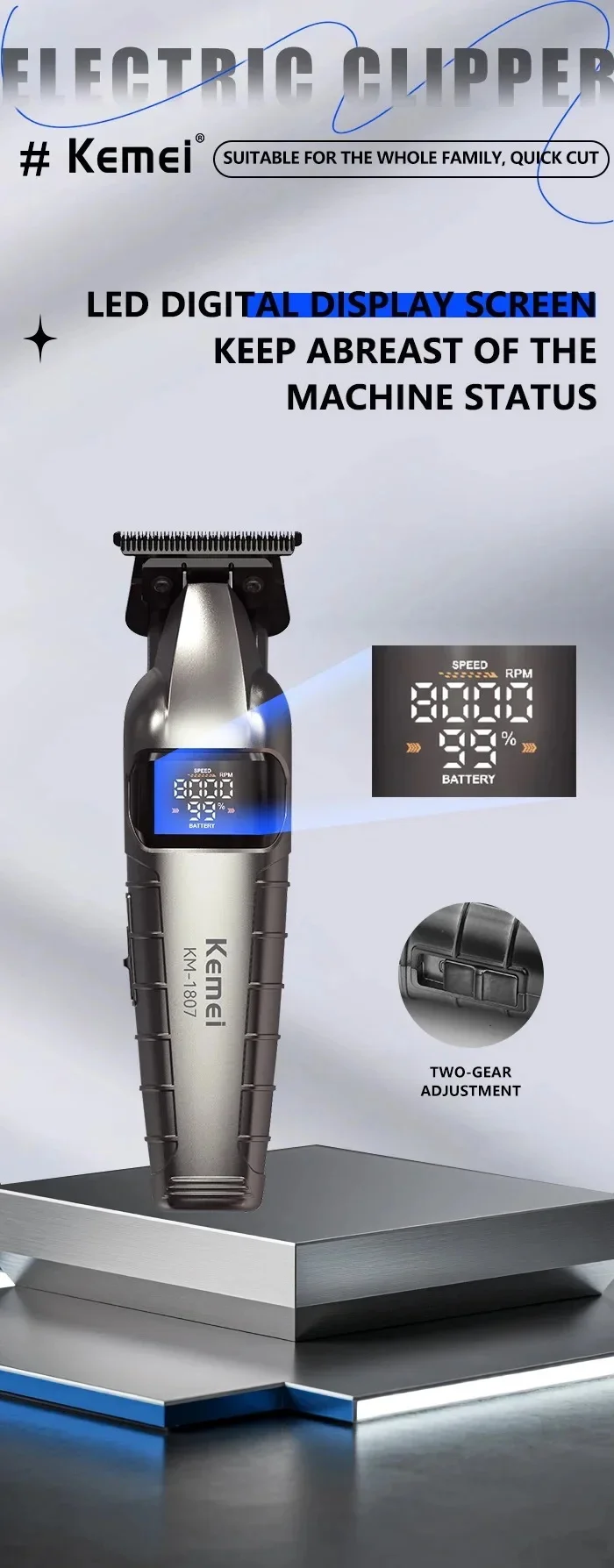 KM-1807 Professional Hair Trimmer by Kome USB Rechargeable Cordless Hair Clippers for Men with LCD Display Hair Cutting Machine