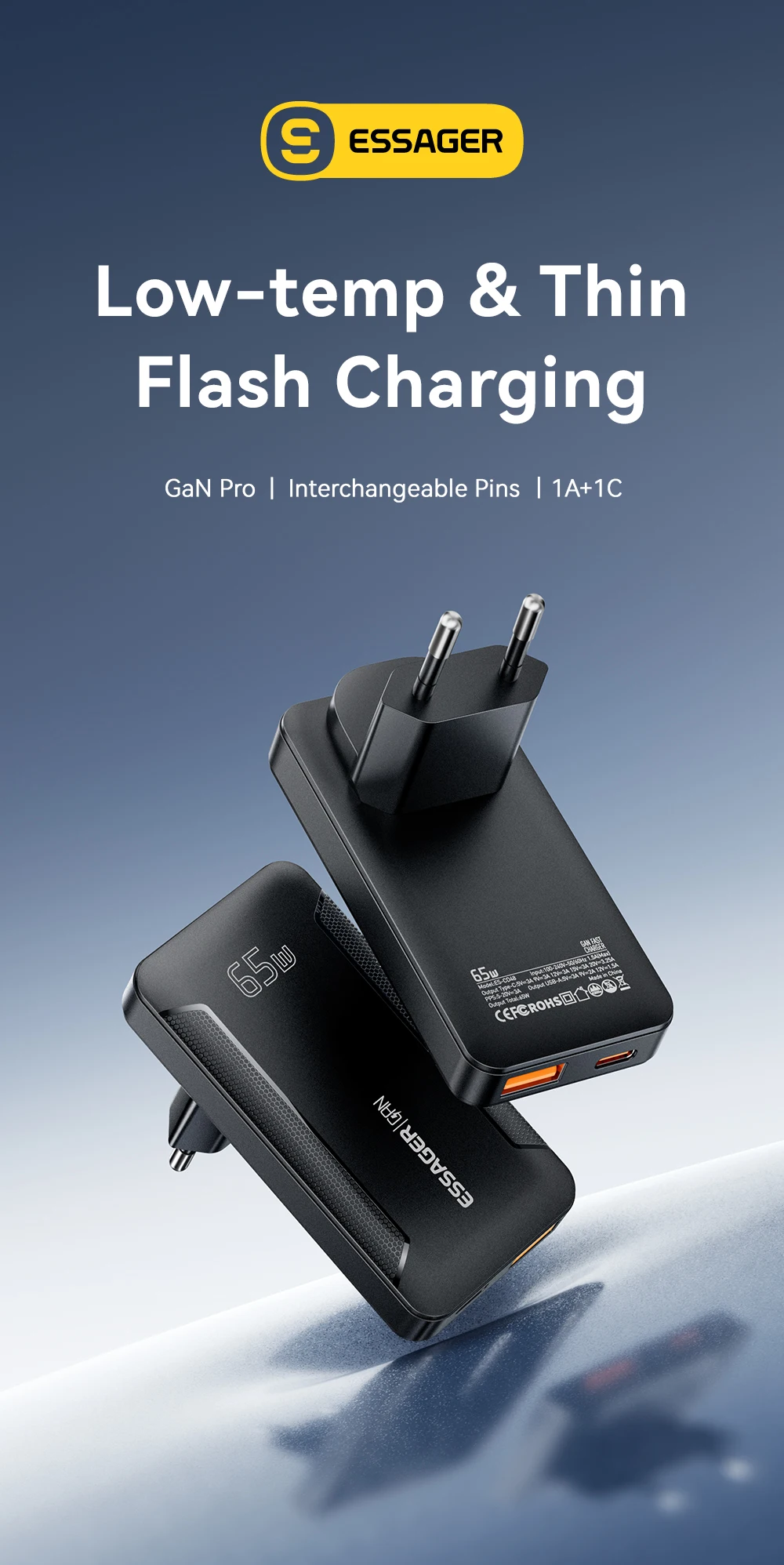 Essager Ultra Thin 65W GaN Pro Travel Charger Quick Charge 4.0 PD3.0 Portable Type C Charger For iPhone Samsung Macbook Laptop