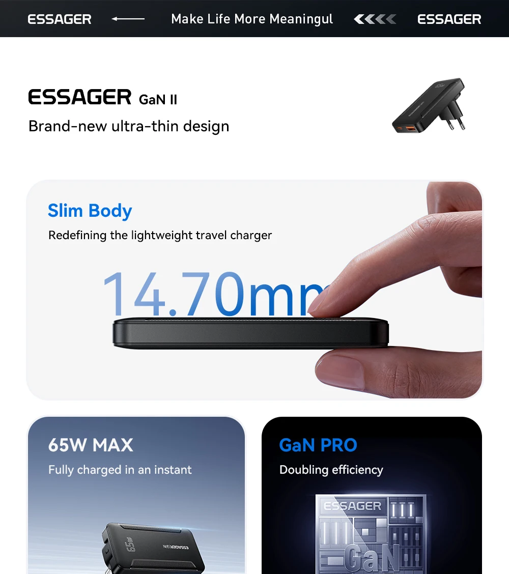 Essager Ultra Thin 65W GaN Pro Travel Charger Quick Charge 4.0 PD3.0 Portable Type C Charger For iPhone Samsung Macbook Laptop