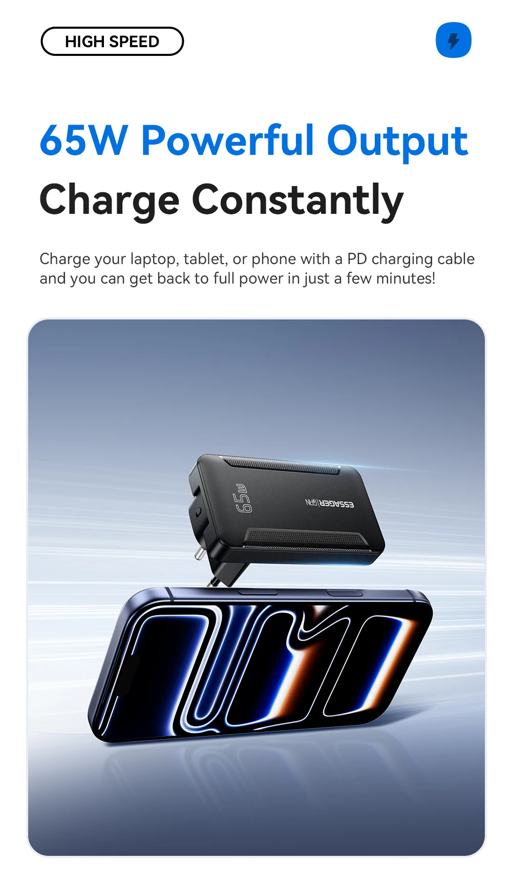 Essager Ultra Thin 65W GaN Pro Travel Charger Quick Charge 4.0 PD3.0 Portable Type C Charger For iPhone Samsung Macbook Laptop