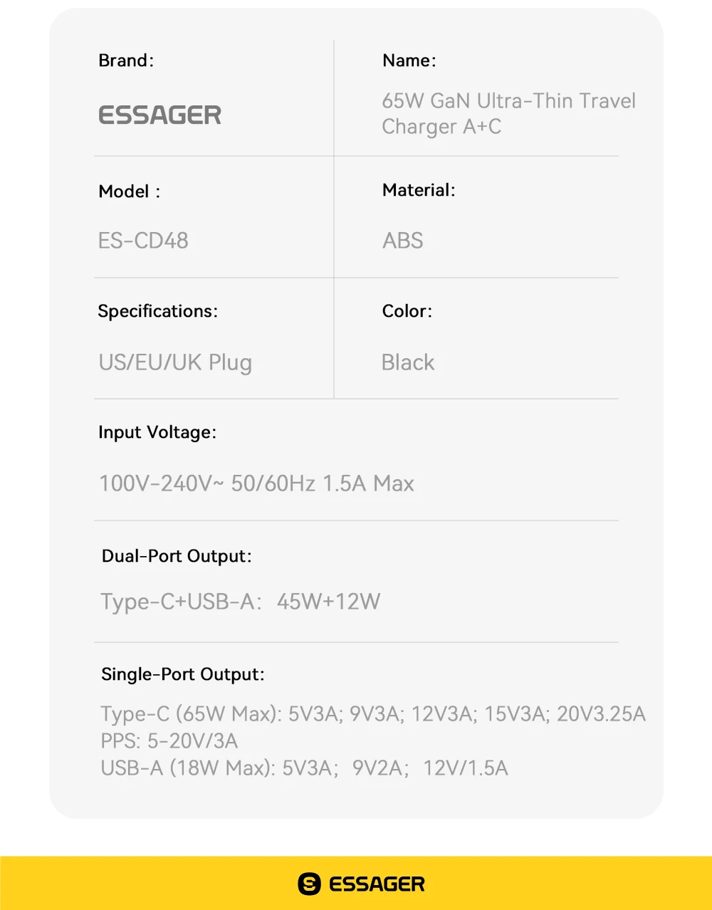 Essager Ultra Thin 65W GaN Pro Travel Charger Quick Charge 4.0 PD3.0 Portable Type C Charger For iPhone Samsung Macbook Laptop