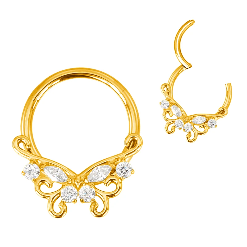 ASTM F136 Titanium Nose Rings PIERC Butterfly/heart/Marquise CZ Ring Hoop EAR Hinged Clicker Earring Labret Tragus Body Piercing