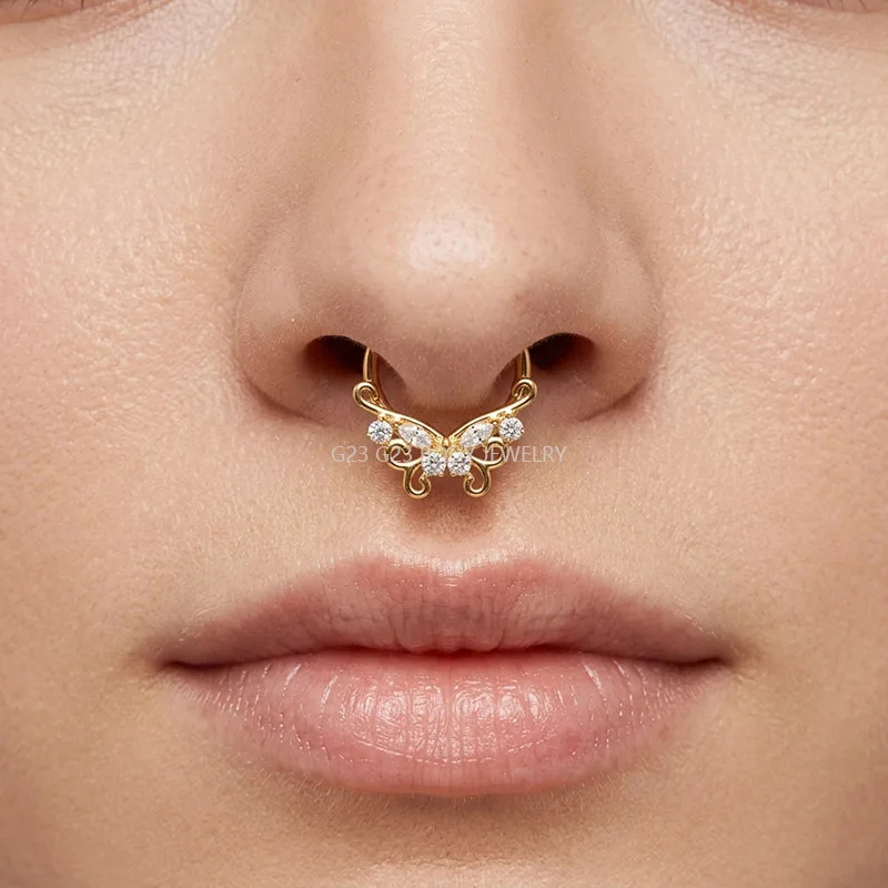 ASTM F136 Titanium Nose Rings PIERC Butterfly/heart/Marquise CZ Ring Hoop EAR Hinged Clicker Earring Labret Tragus Body Piercing