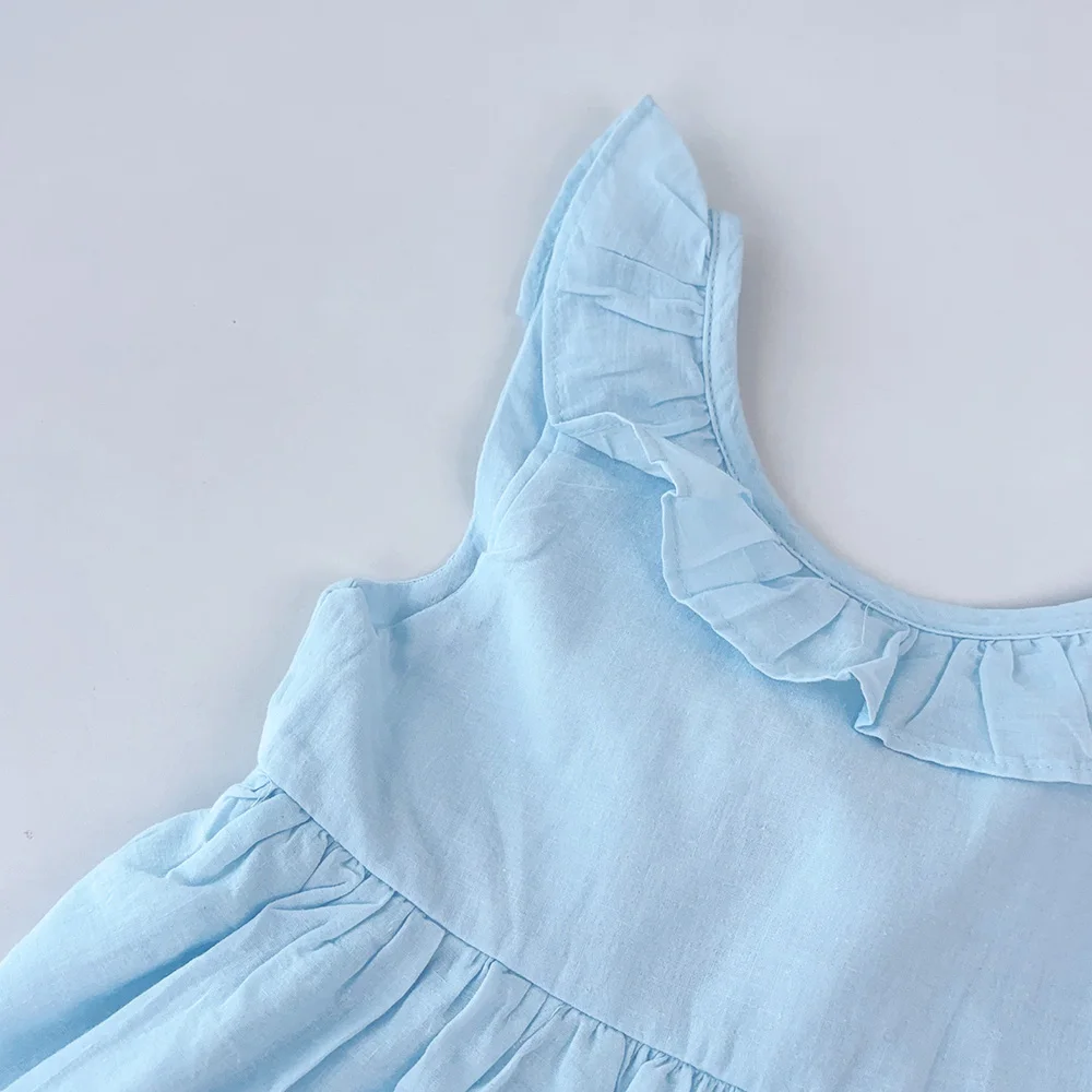 Summer New Blue Casual Round Neck Lace Sleeveless Princess Dress with Bow Hollow Pattern for Girls Aged 2-6 Daily Wear