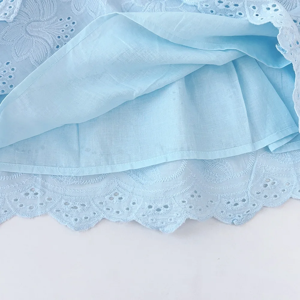 Summer New Blue Casual Round Neck Lace Sleeveless Princess Dress with Bow Hollow Pattern for Girls Aged 2-6 Daily Wear