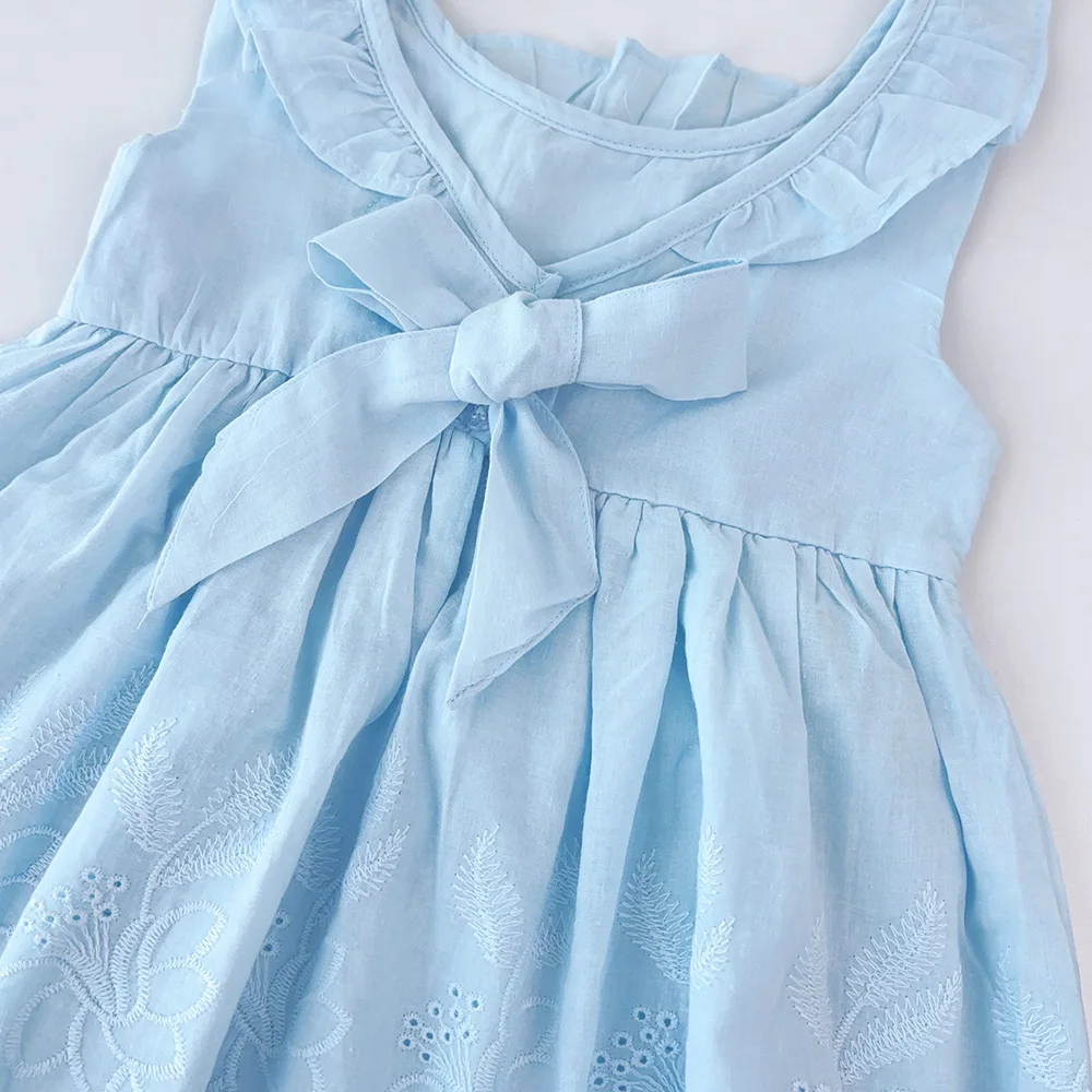 Summer New Blue Casual Round Neck Lace Sleeveless Princess Dress with Bow Hollow Pattern for Girls Aged 2-6 Daily Wear