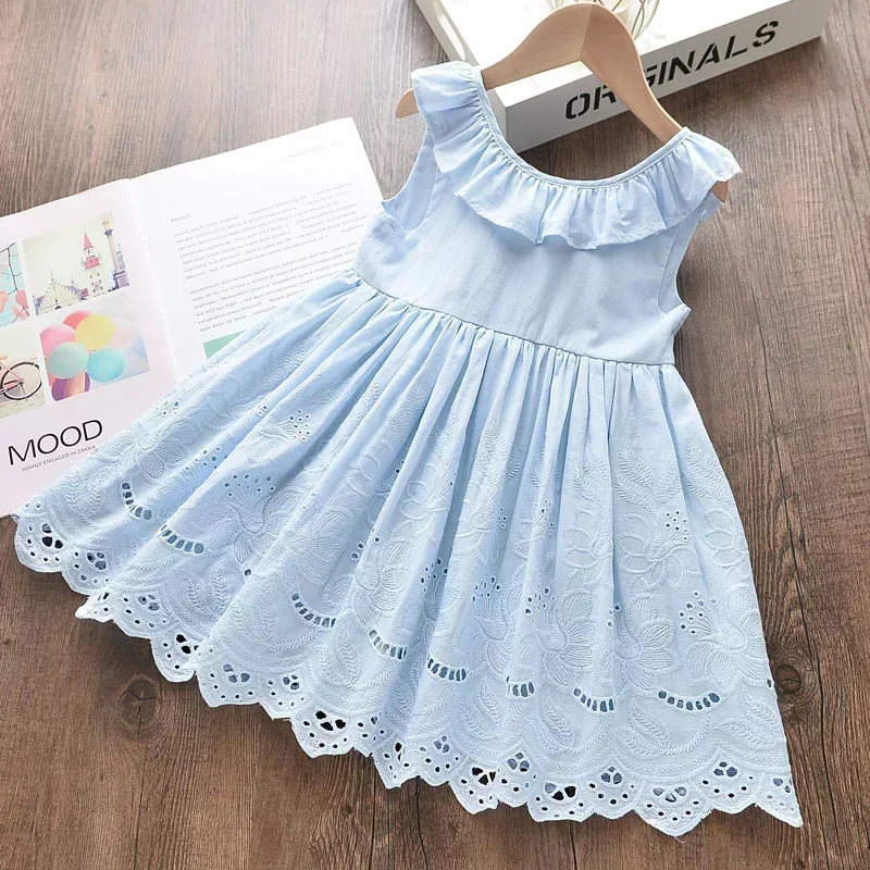 Summer New Blue Casual Round Neck Lace Sleeveless Princess Dress with Bow Hollow Pattern for Girls Aged 2-6 Daily Wear