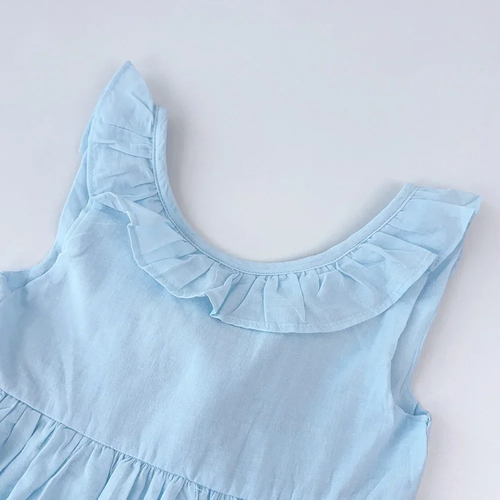 Summer New Blue Casual Round Neck Lace Sleeveless Princess Dress with Bow Hollow Pattern for Girls Aged 2-6 Daily Wear