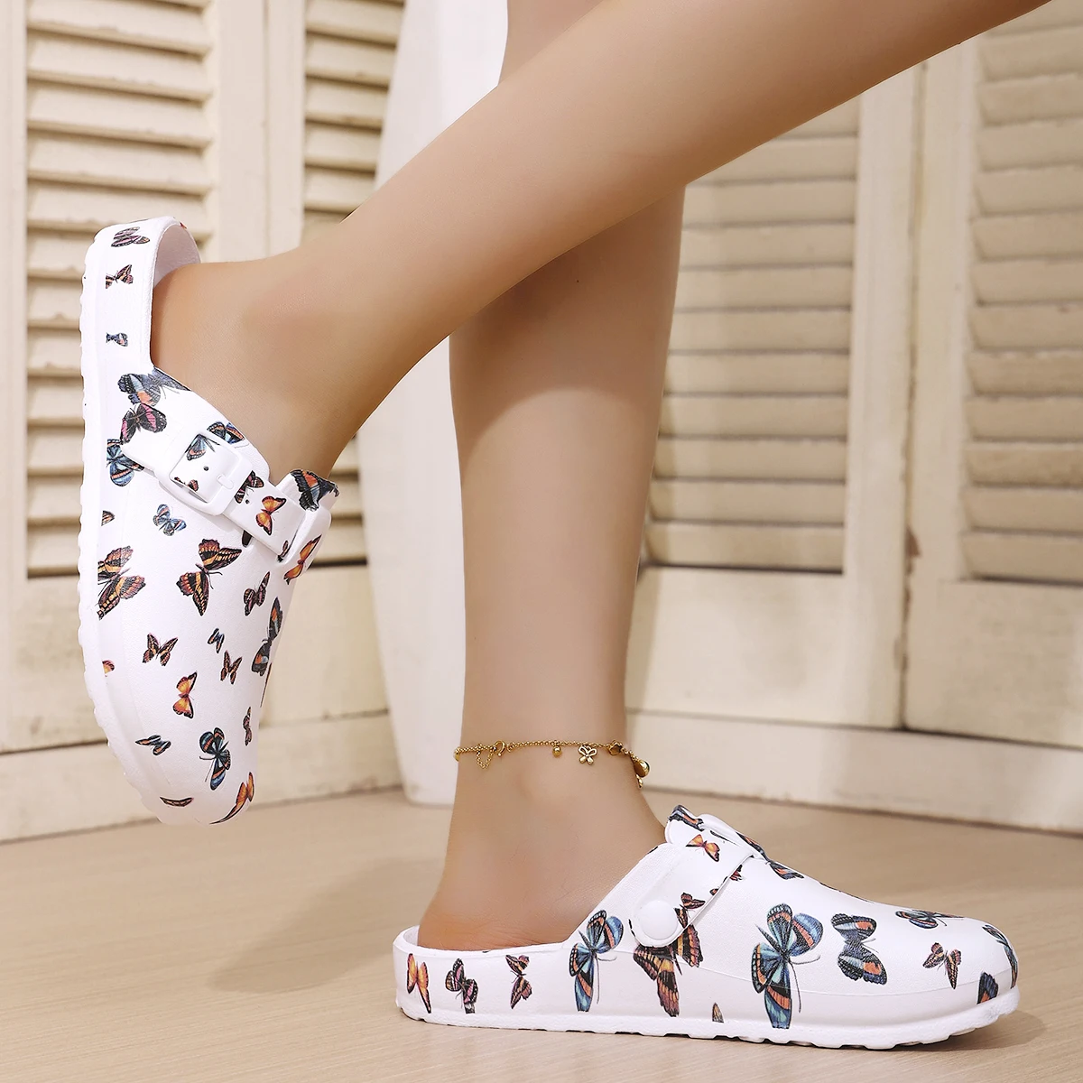 Women's Fashion Wrap-Around Sandals White Butterfly Print Wedge Heel & Thick Sole EVA Material Stylish & Versatile Comfortable S