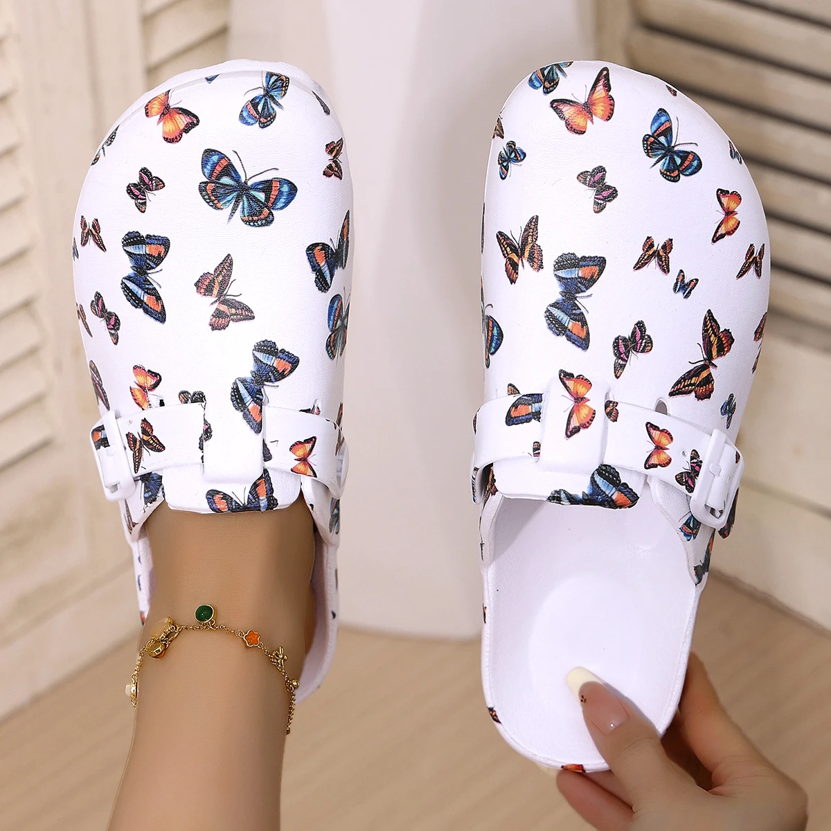 Women's Fashion Wrap-Around Sandals White Butterfly Print Wedge Heel & Thick Sole EVA Material Stylish & Versatile Comfortable S
