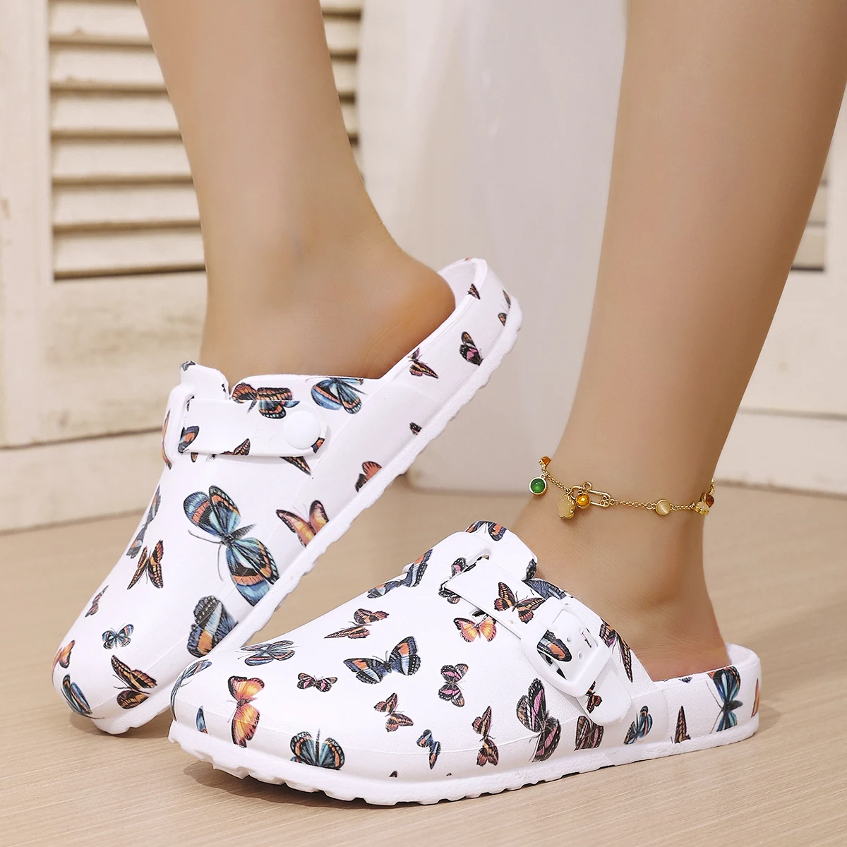 Women's Fashion Wrap-Around Sandals White Butterfly Print Wedge Heel & Thick Sole EVA Material Stylish & Versatile Comfortable S