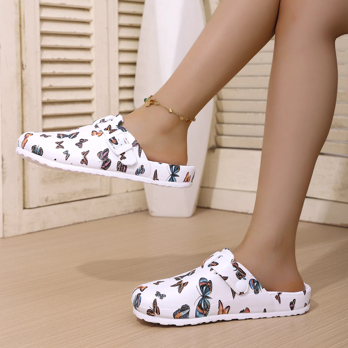 Women's Fashion Wrap-Around Sandals White Butterfly Print Wedge Heel & Thick Sole EVA Material Stylish & Versatile Comfortable S