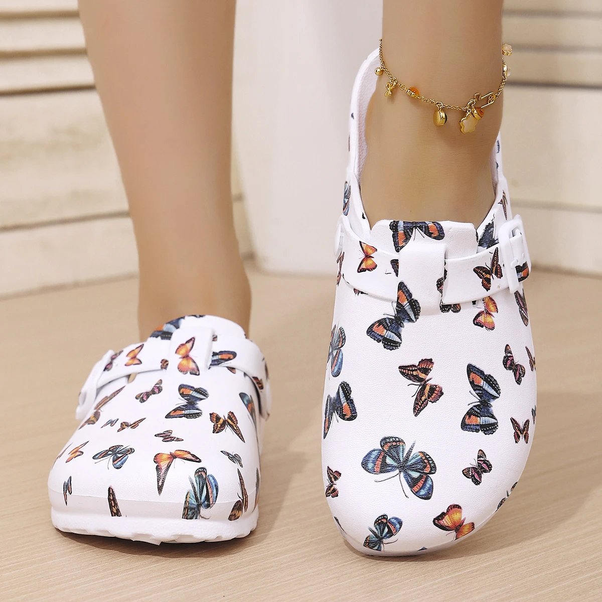 Women's Fashion Wrap-Around Sandals White Butterfly Print Wedge Heel & Thick Sole EVA Material Stylish & Versatile Comfortable S