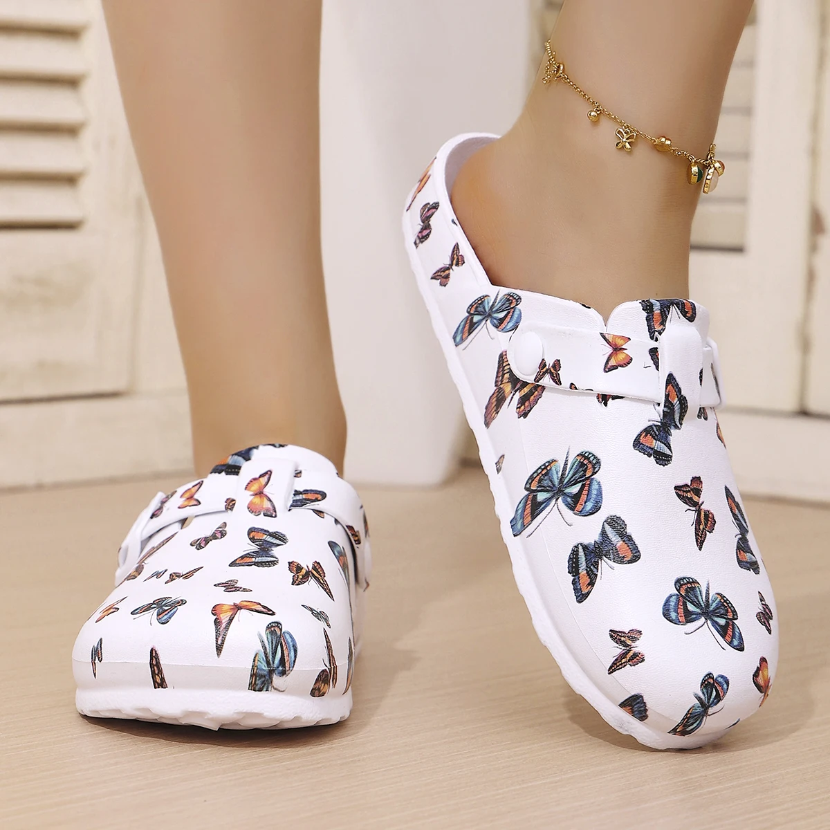 Women's Fashion Wrap-Around Sandals White Butterfly Print Wedge Heel & Thick Sole EVA Material Stylish & Versatile Comfortable S
