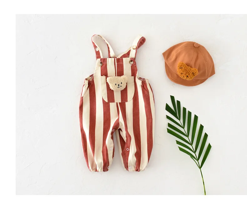 Striped Baby One Piece Rompers 2026 Spring New Infant Baby Overalls Bear Doll Infant Girls Jumpsuits Boys Bottoms Outfit