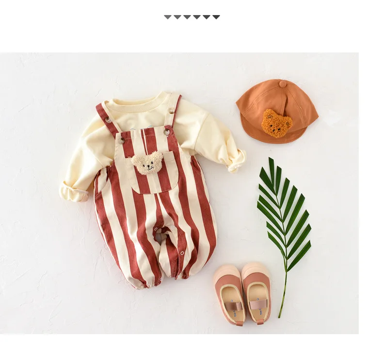 Striped Baby One Piece Rompers 2026 Spring New Infant Baby Overalls Bear Doll Infant Girls Jumpsuits Boys Bottoms Outfit
