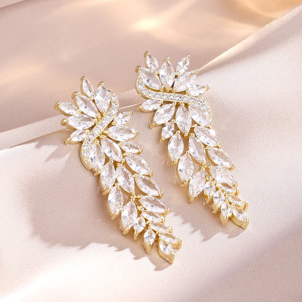 ZAKOL Gorgeous Marquise CZ Wedding Prom Jewelry White Cubic Zirconia Leaf Long Dangle Earrings for Brides Party